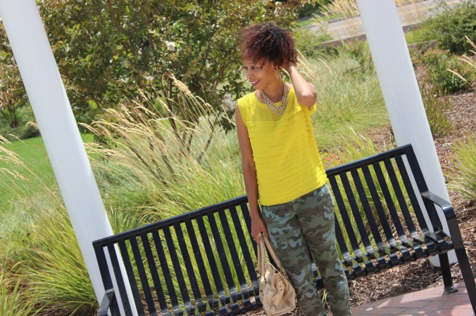 camo pants, canary yellow shirt